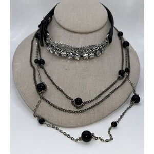 Y2K Bundle Necklace & Choker Silver Tone Chains Rhinestones Polished Black Beads